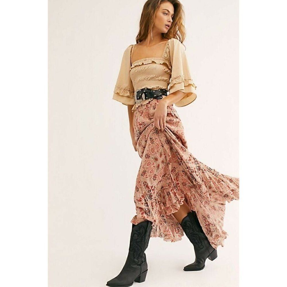 NEW FREE PEOPLE FP ONE Sz XXS CYPRESS PRINTED RUFFLE MAXI SKIRT